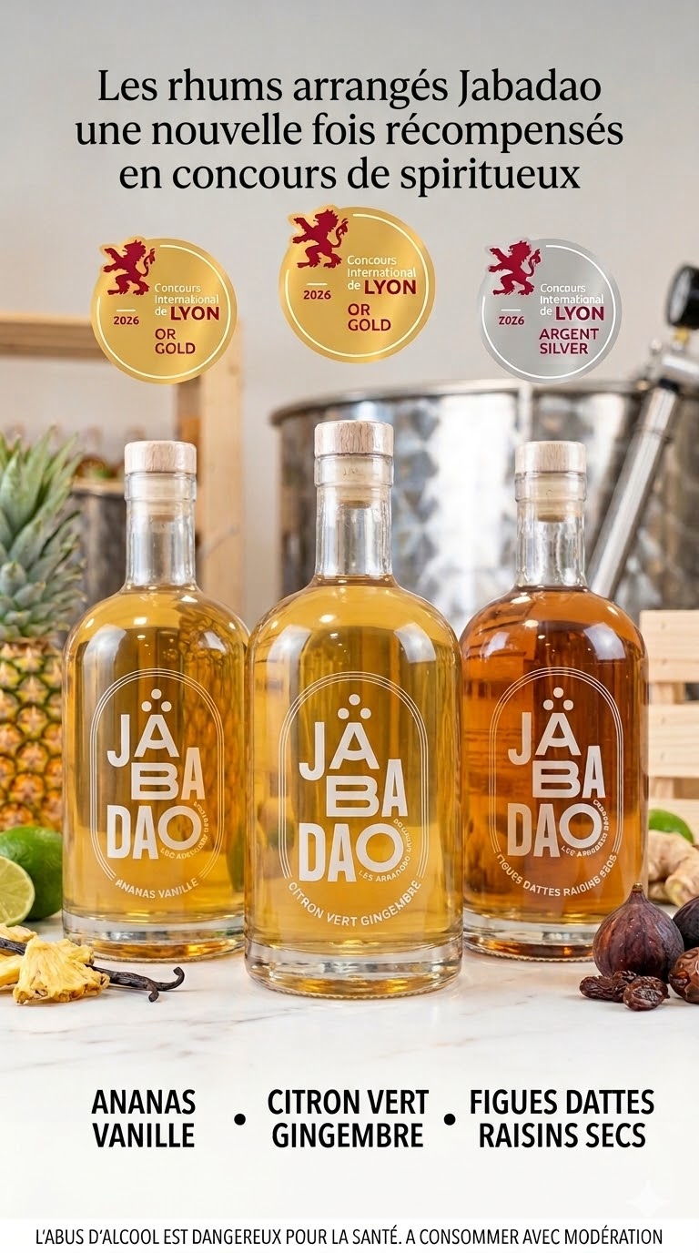 Les rhums arrangés Jabadao citron gingembre ananas vanille et figues dattes raisins ont été primés médaille d'or au concours international de Lyon. Meilleurs rhums arrangés bretons.